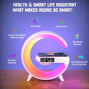 Smart Wake LED Up Light RGB Night Light with Wireless Speaker 15W Wireless Rechargeable Desk Lamp for Bedroom Bedside Game Room