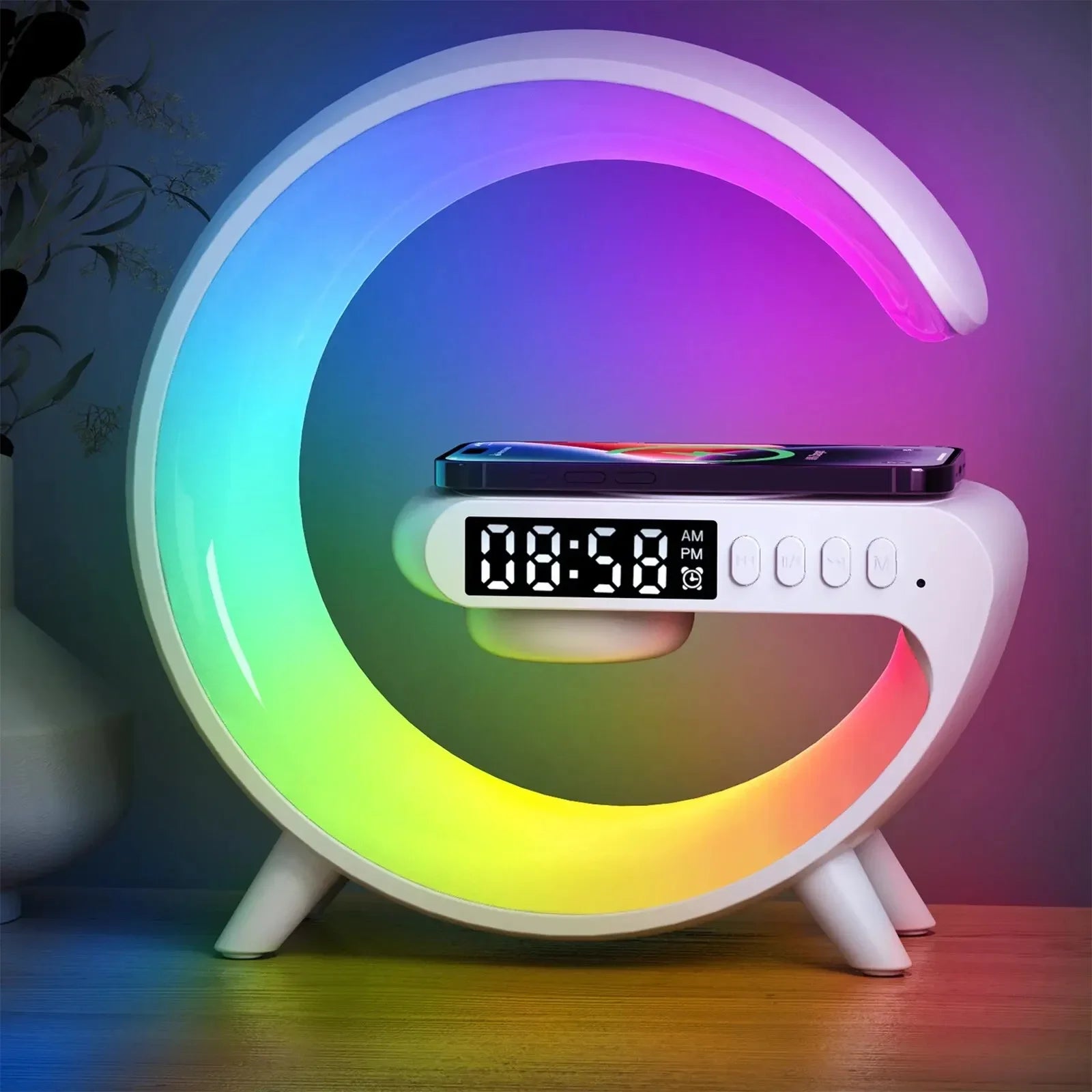 Smart Wake LED Up Light RGB Night Light with Wireless Speaker 15W Wireless Rechargeable Desk Lamp for Bedroom Bedside Game Room