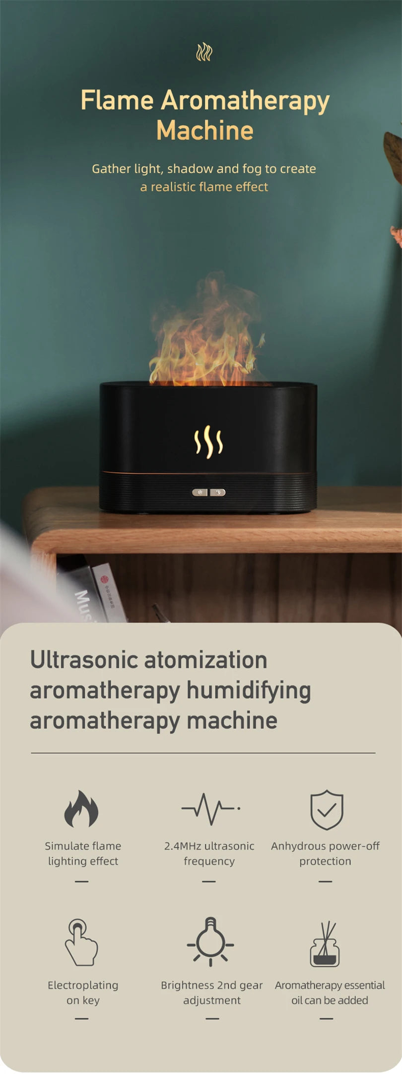 Aroma diffuser Air humidifier Ultrasonic cold mist atomizer Led essential oil simulation seven color flame lamp diffuser bedroom