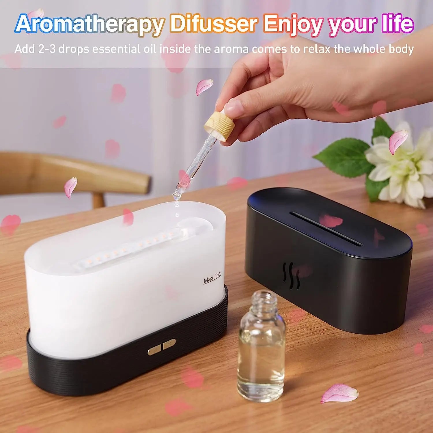 Aroma diffuser Air humidifier Ultrasonic cold mist atomizer Led essential oil simulation seven color flame lamp diffuser bedroom