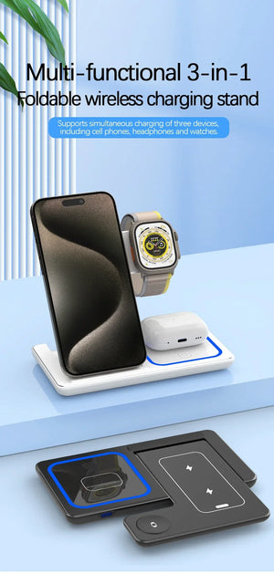 3 In 1 Foldable Wireless Charger Stand For iPhone 15 14 13 12 Pro Max Plus IWatch AirPods 3/2 Fast Charging Station Dock Holder