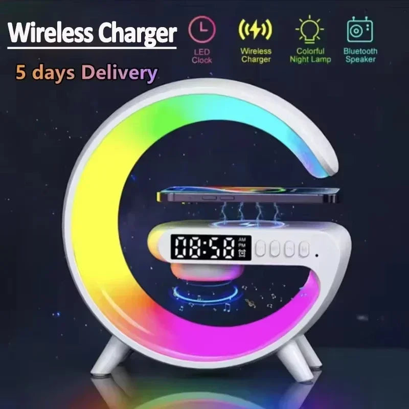 Smart Wake LED Up Light RGB Night Light with Wireless Speaker 15W Wireless Rechargeable Desk Lamp for Bedroom Bedside Game Room